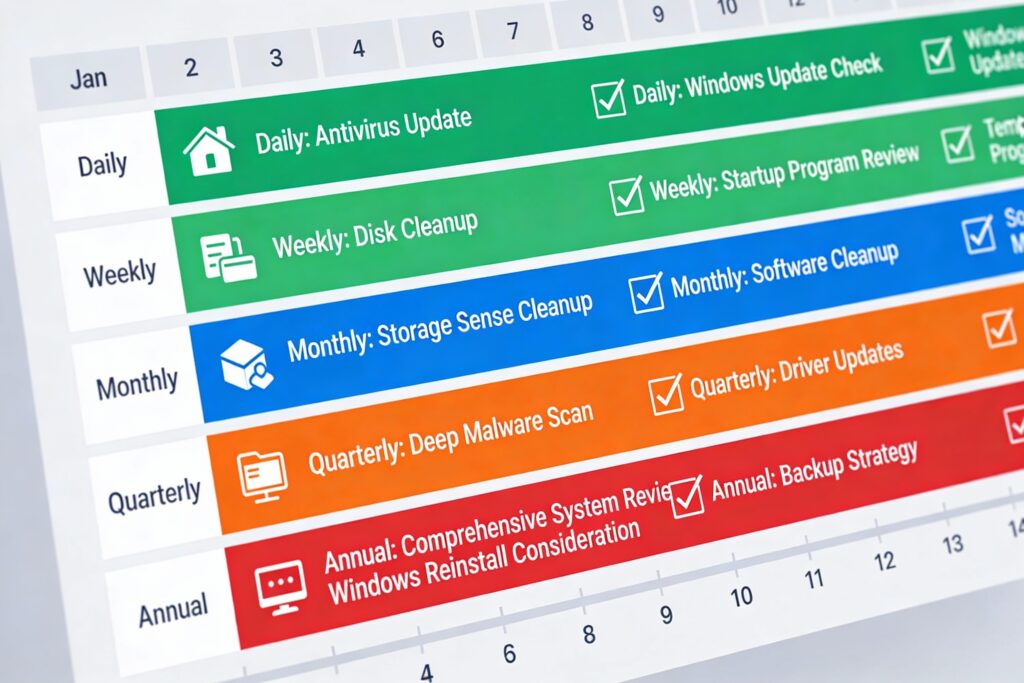 PC Maintenance Schedule - Daily, Weekly, Monthly, Quarterly, and Annual Tasks Timeline