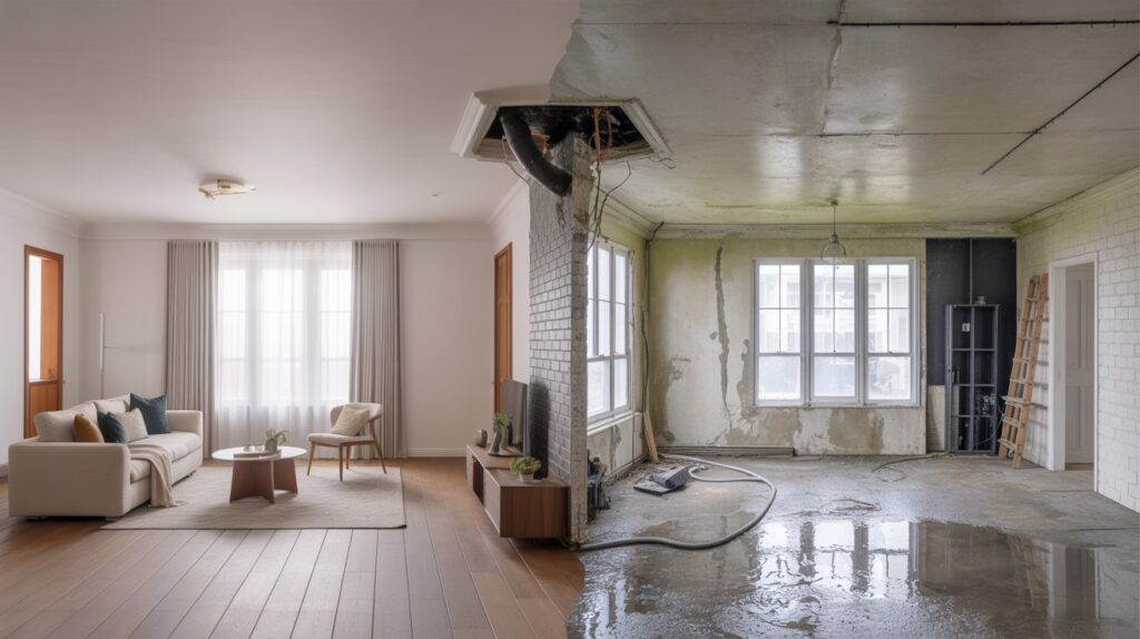 Tidy living room on one side and the same space on the other side with soaked drywall, buckled floor, and a visibly burst pipe in the ceiling or wall