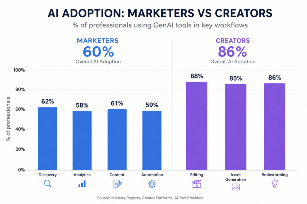Bar chart comparing AI adoption rates between marketers (60%) and creators (86%) across workflows like discovery, analytics, content, automation, editing, asset generation, and brainstorming