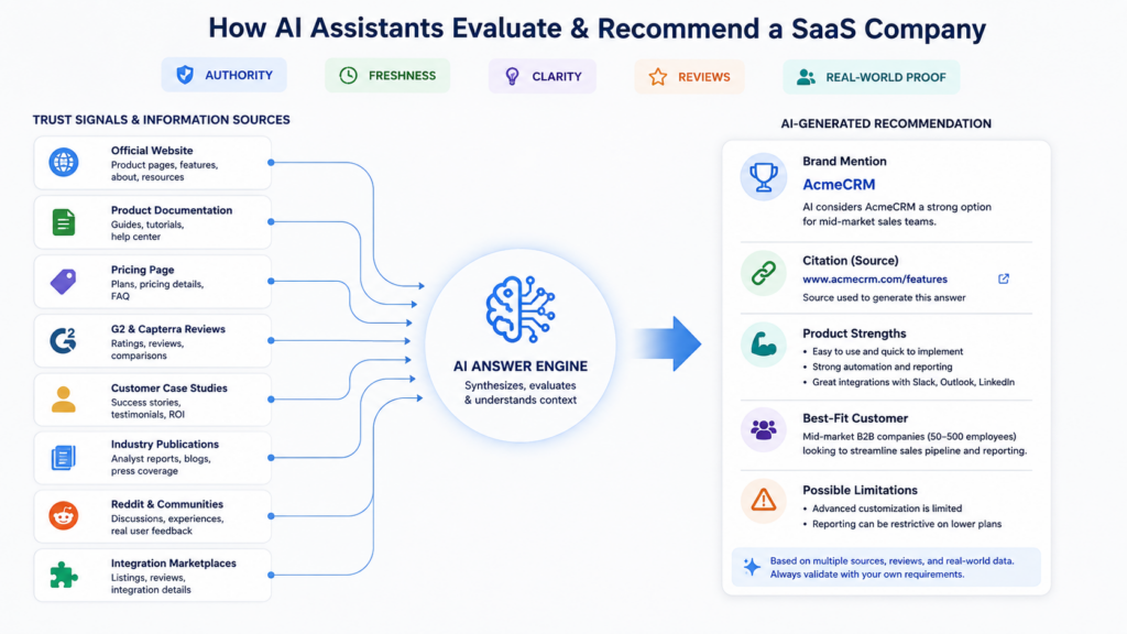 AI answer engine evaluating SaaS trust signals from websites, documentation, reviews, case studies, communities, and marketplaces